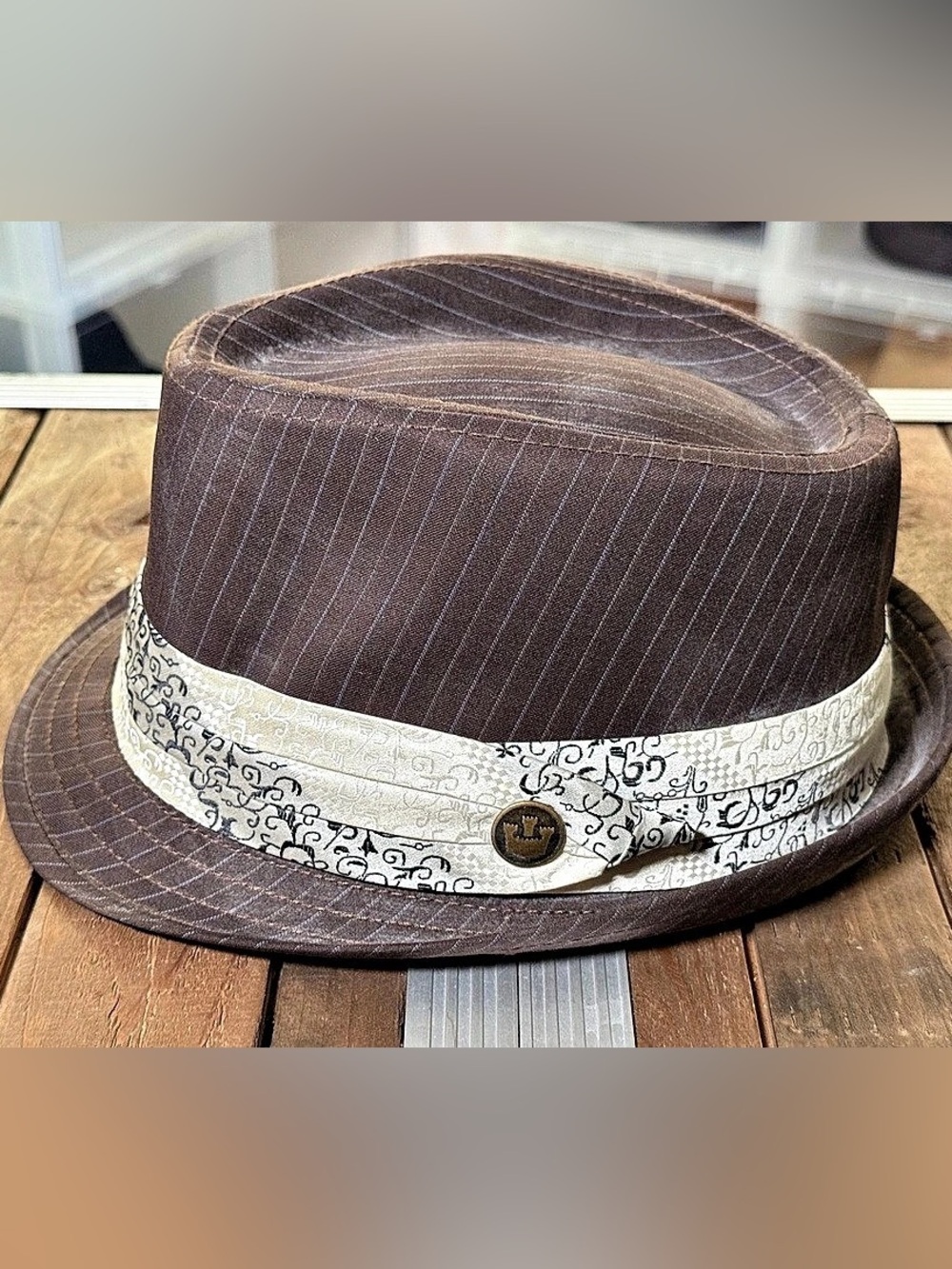 Goorin Bros Brown Pinstripe Fedora Hat Large 57cm Patterned Band